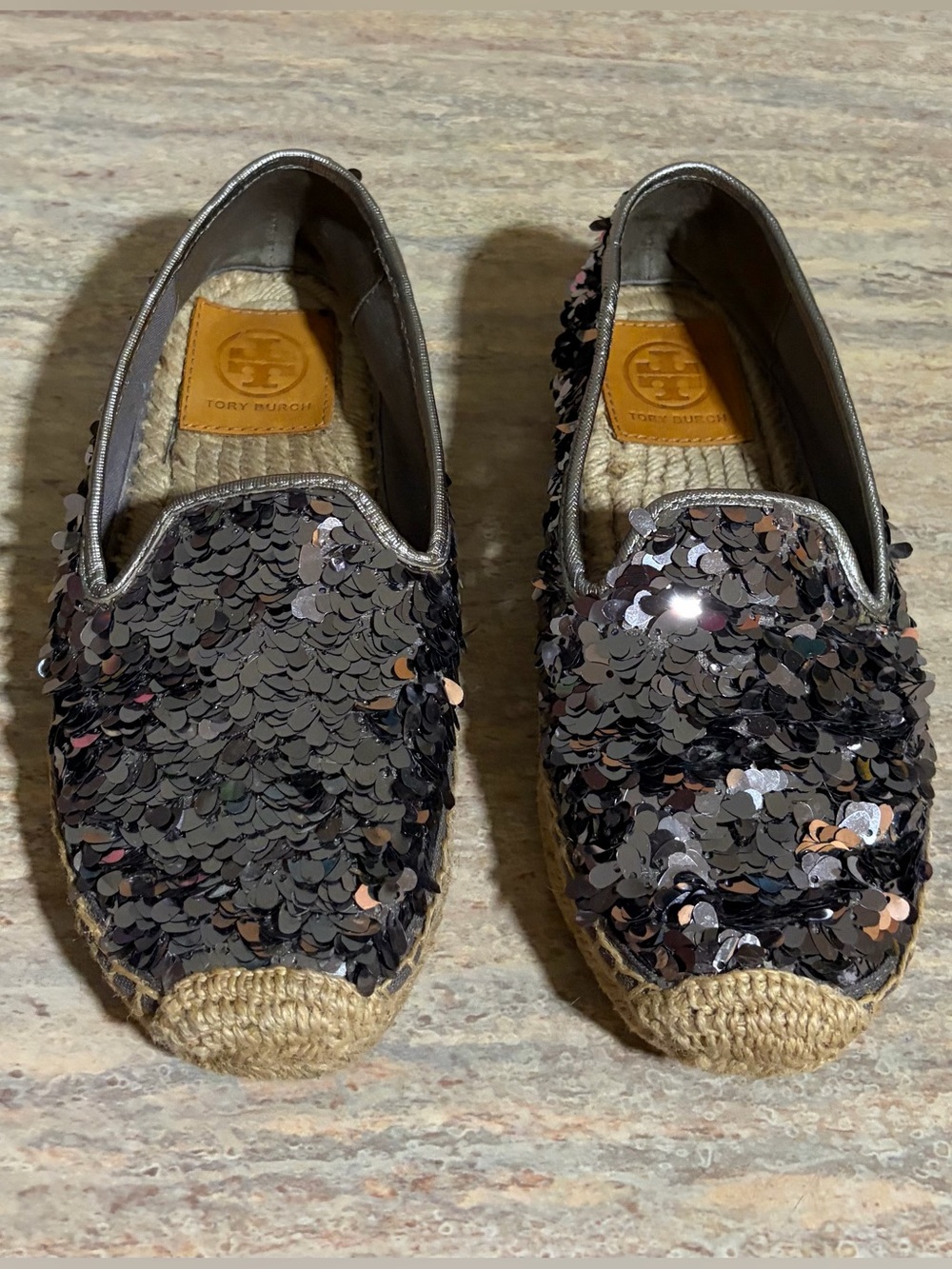 Tory Burch Silver Sequin Espadrille Flats